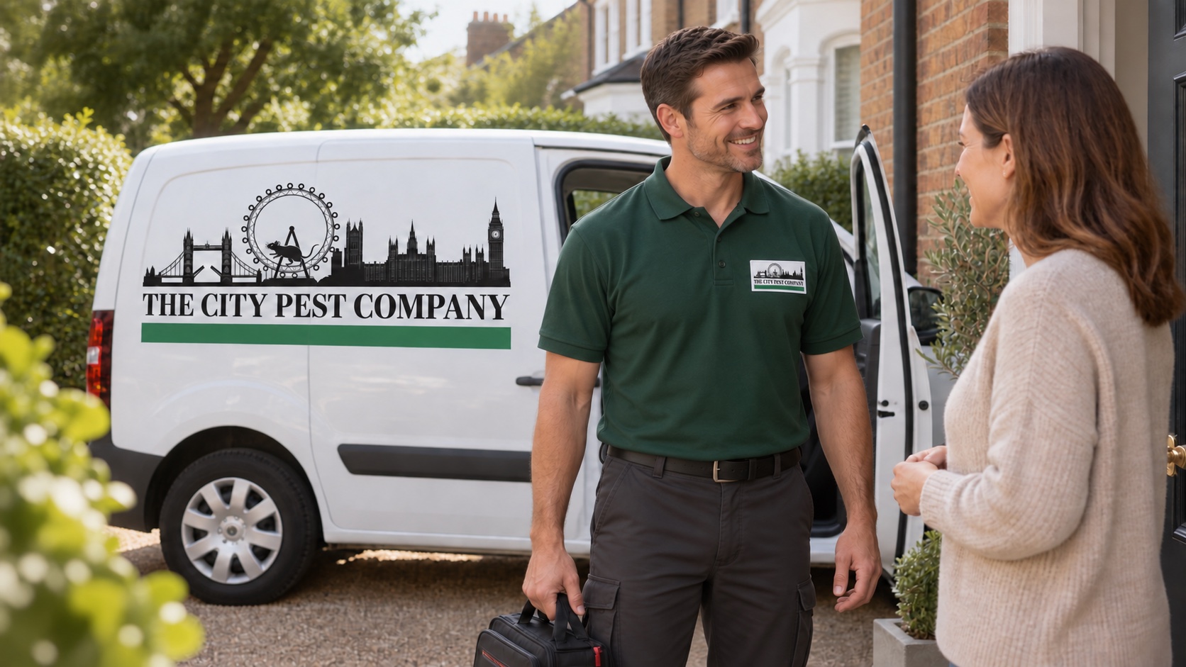 Promotional scene of a friendly technician greeting a customer at her home, with the City Pest Company van behind.