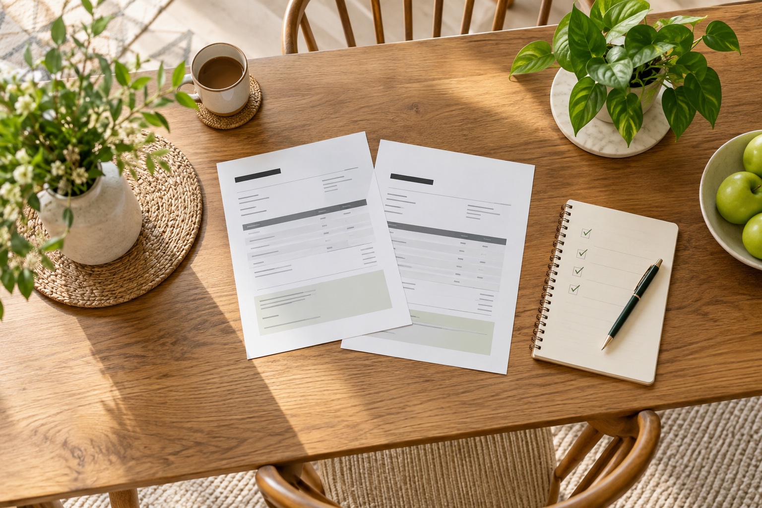Two unbranded service quotations and a scope checklist on a sunlit wooden table