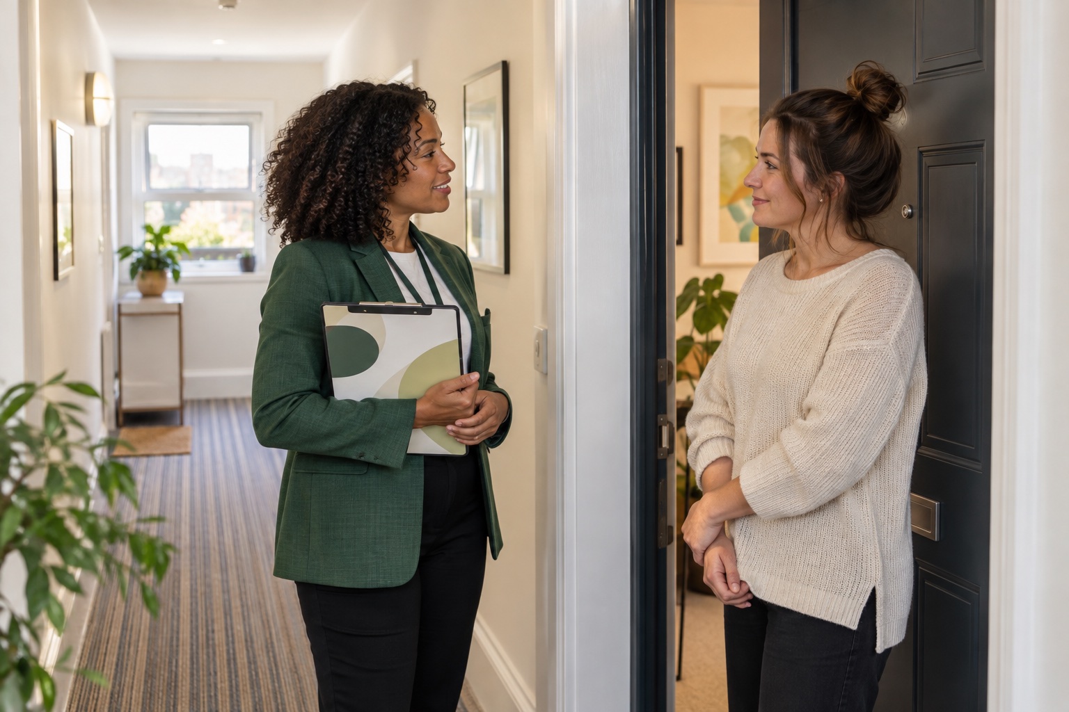 Property manager speaking with a resident at the door of a London flat