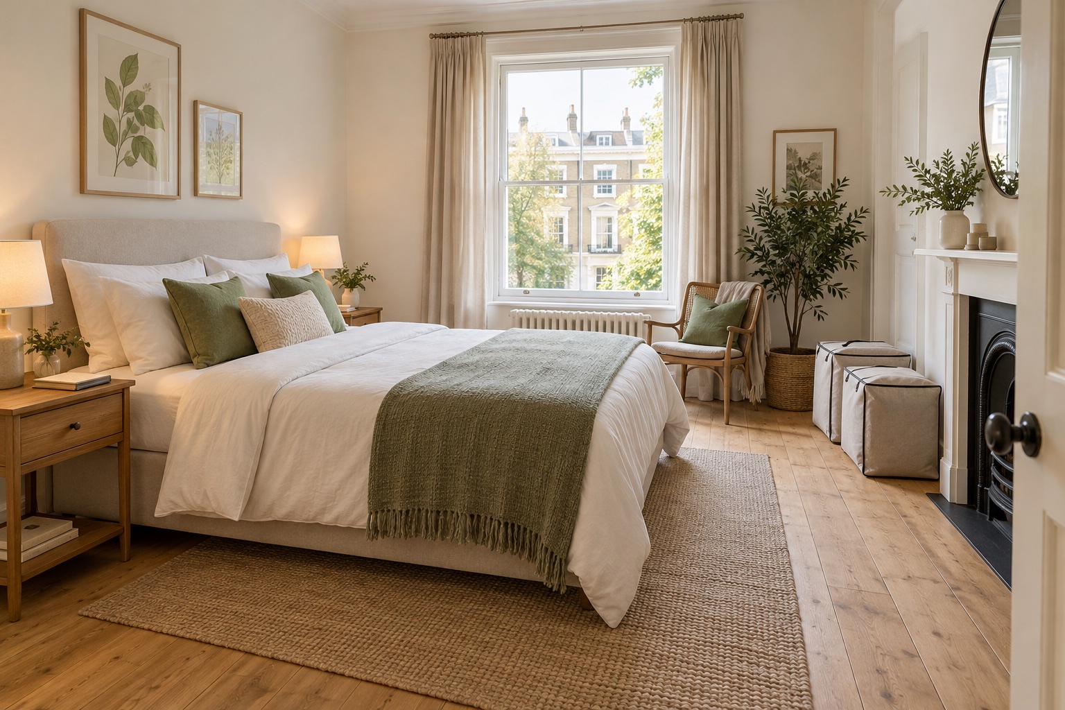 Tidy bedroom with a clear route and a few closed storage bags ready for a professional visit