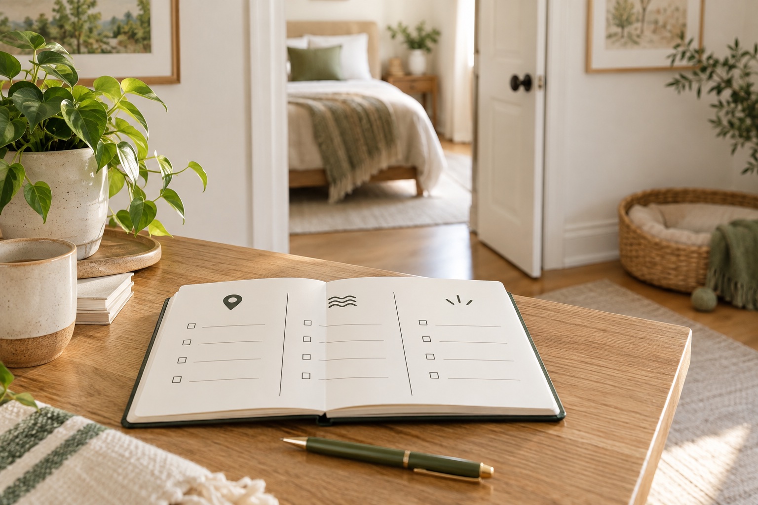 Observation notebook in a calm home with a bedroom doorway and pet basket in view