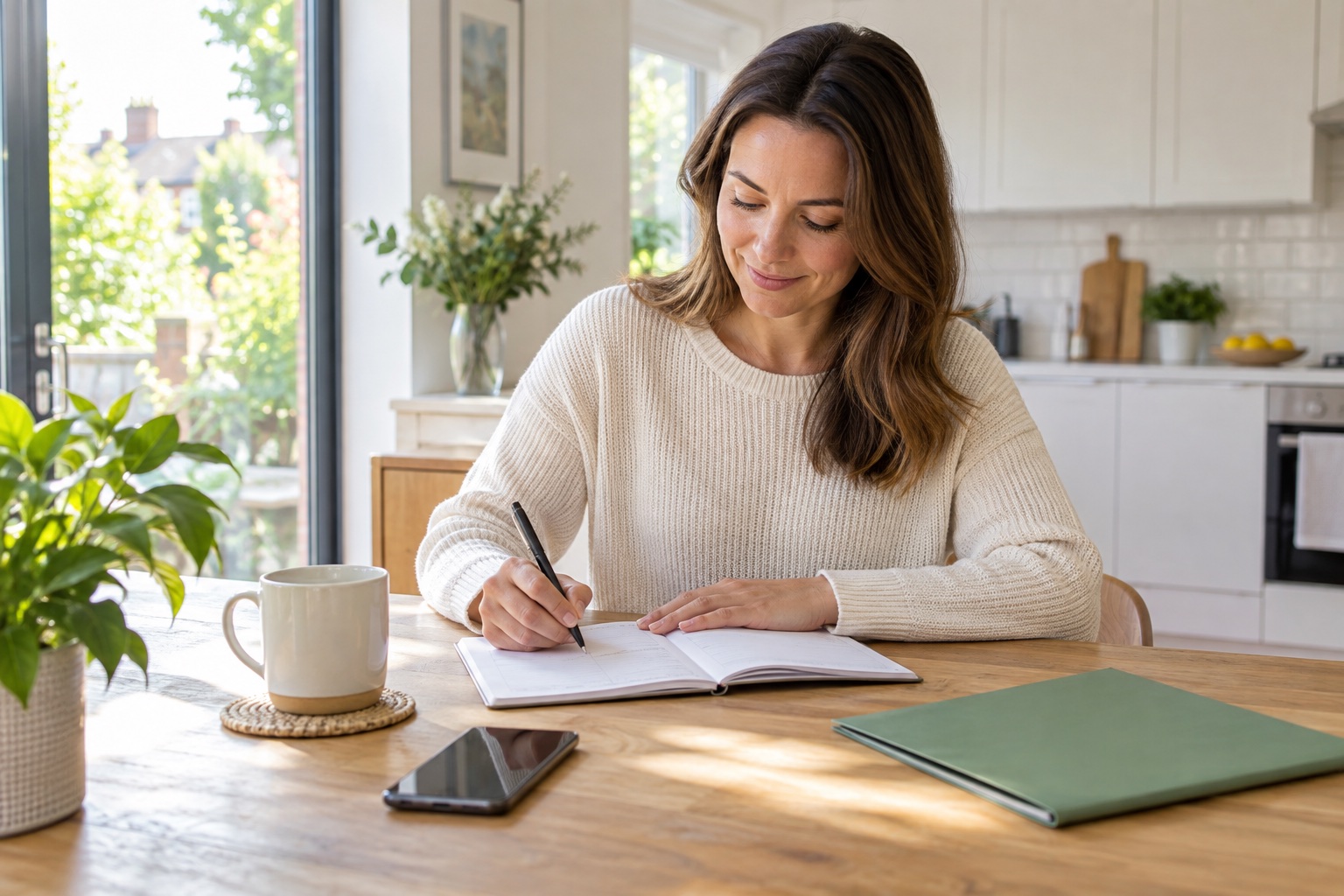 Homeowner completing an aftercare record at a bright kitchen table