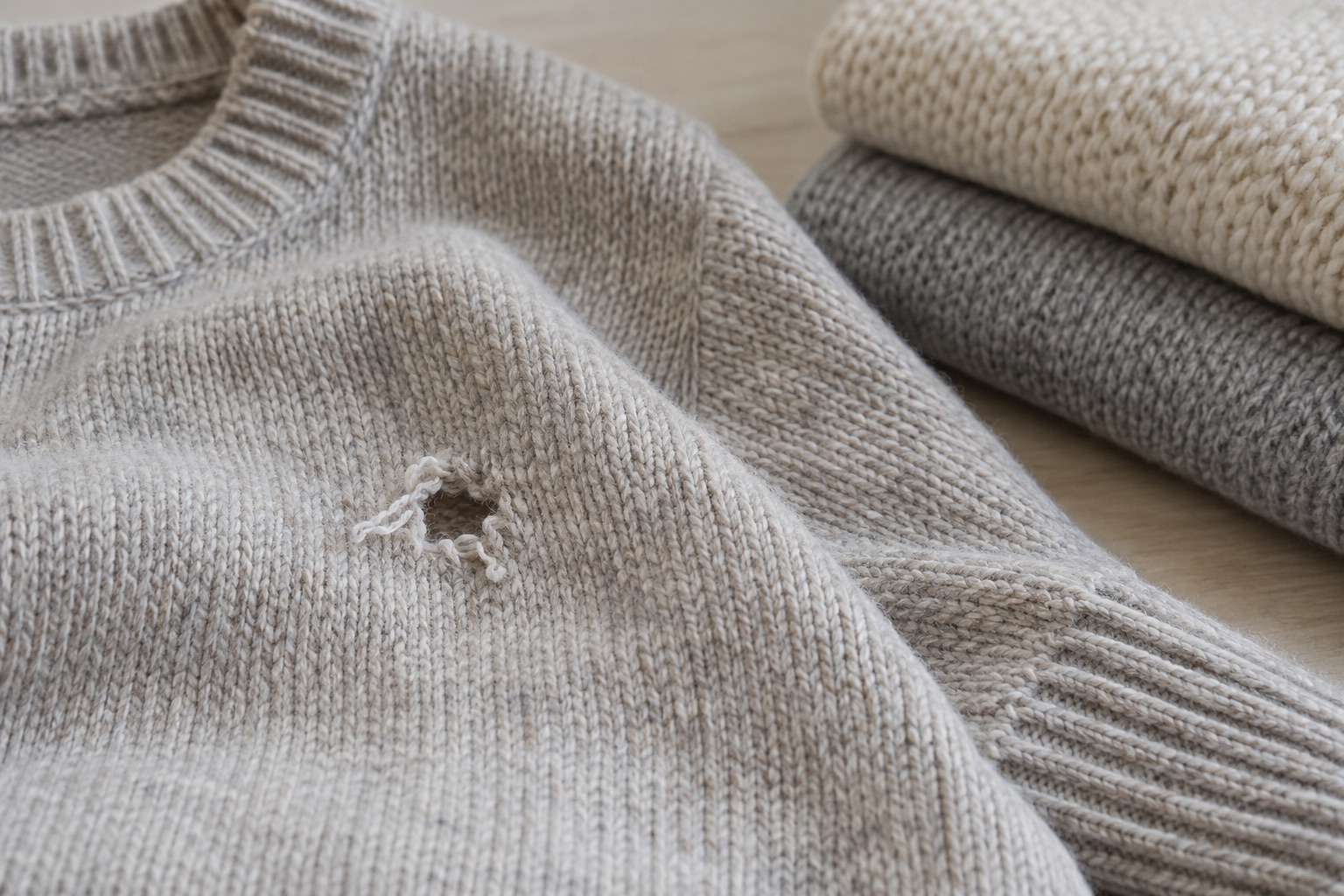 A small hole in a wool jumper; the cause is not established.