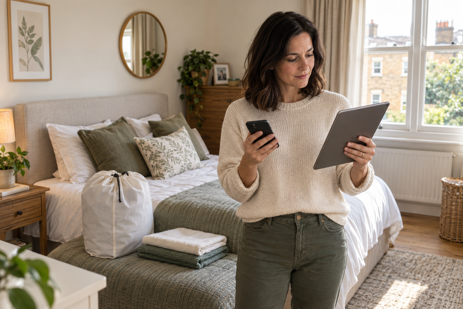 A homeowner in her bedroom reading treatment preparation instructions on a tablet while holding her phone.