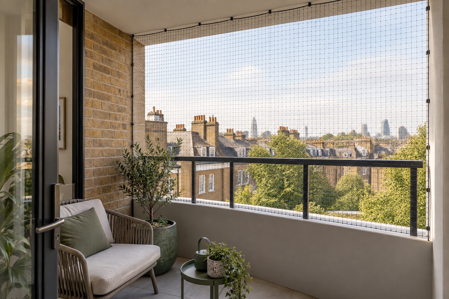 Professionally fitted bird proofing on a London balcony.