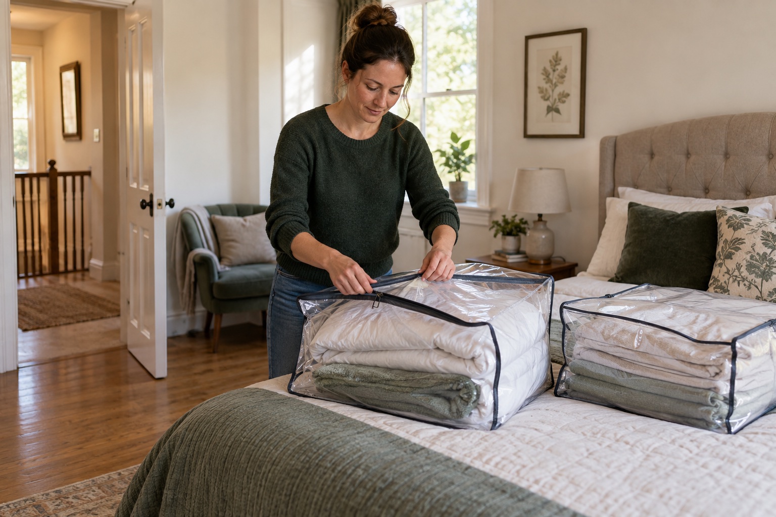 Contained laundry and clear access around a bed being prepared for an agreed visit