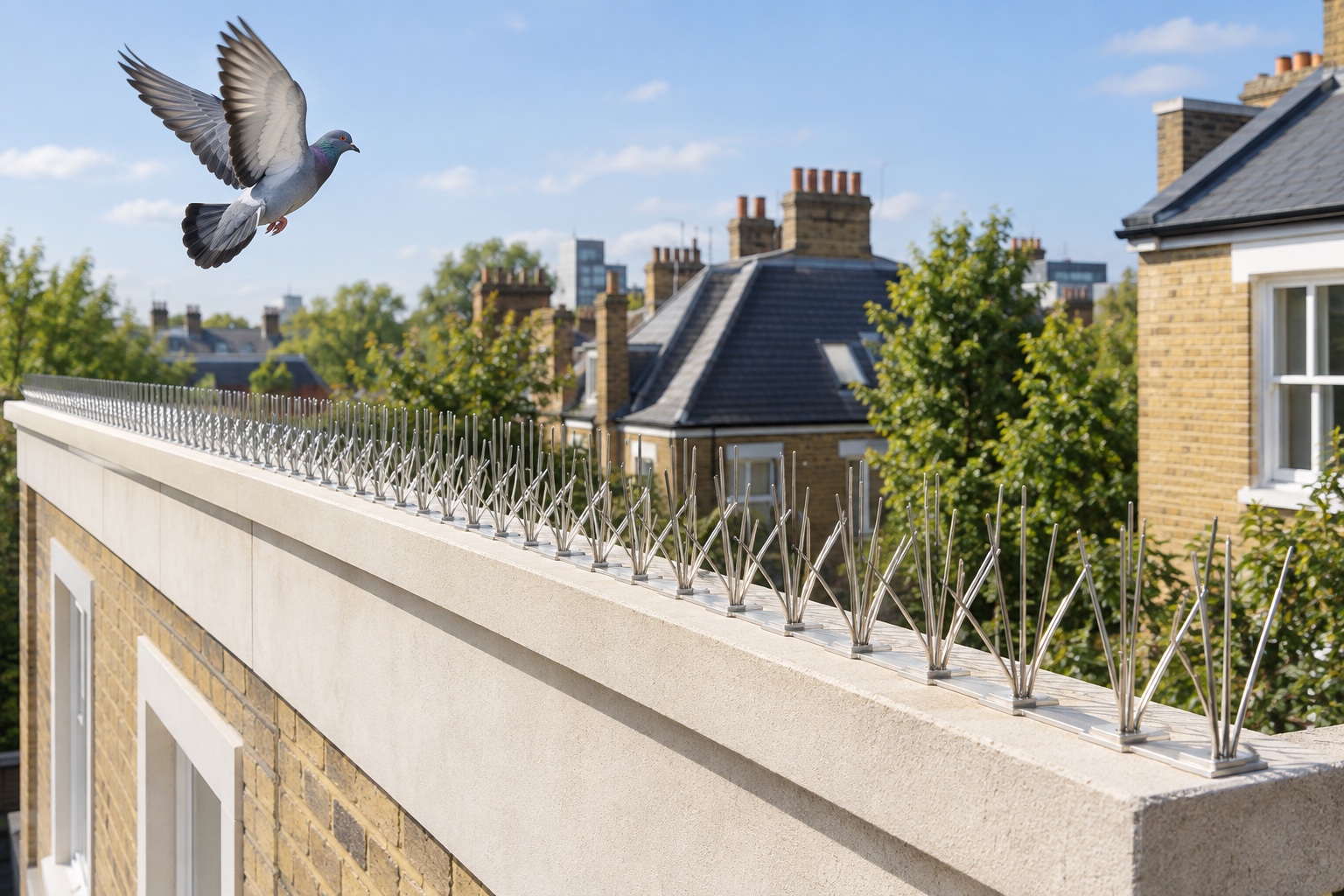 A clean London parapet protected with professionally fitted bird spikes.