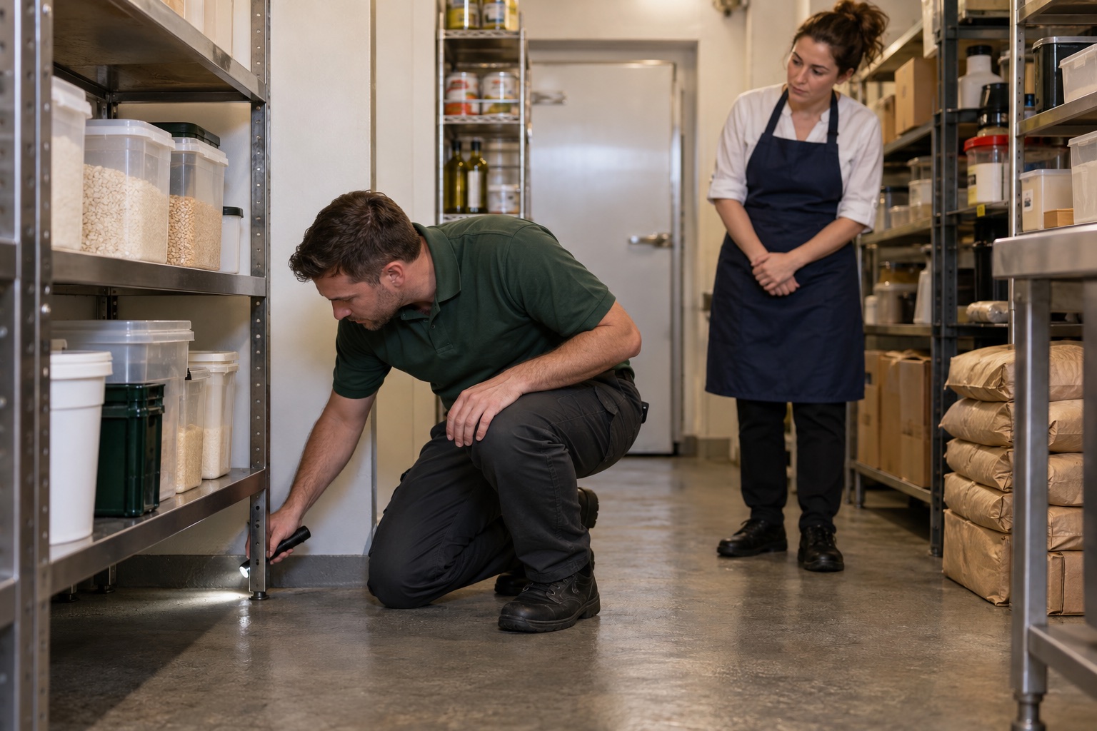 Pest-control technician inspecting a stockroom with a business manager