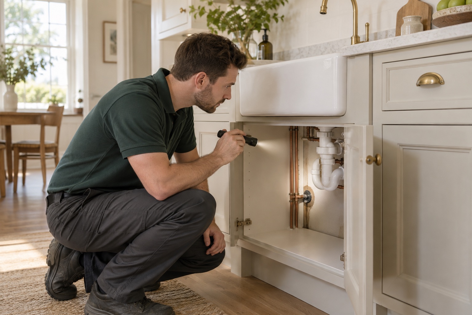 Technician inspecting a pipe entry beneath a kitchen sink